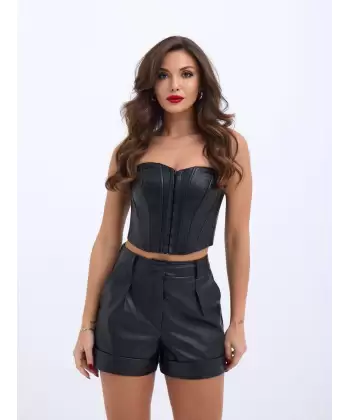 6689 DERİ CROP-SİYAH