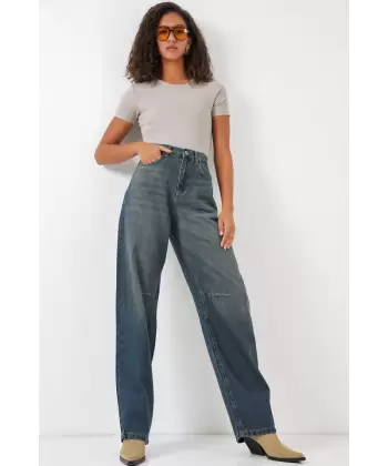 6689 Yüksek Bel Baggy Kot Pantolon - Lacivert