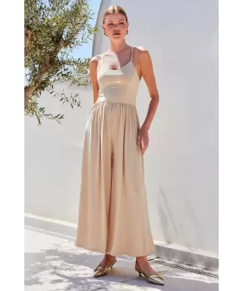 7029 Bol Paça Askılı Tulum - Bej