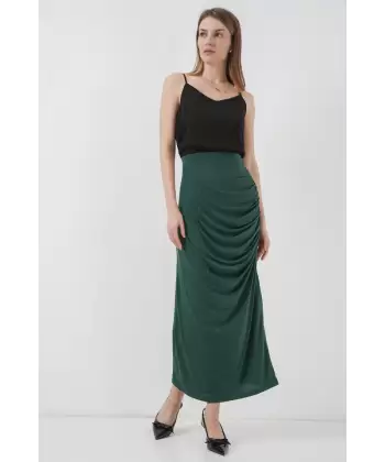 8035 Büzgülü Midi Etek - Siyah