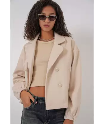 9117 Kruvaze Yaka Crop Ceket - Bej