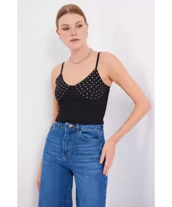 918 İp Askılı Crop Top - Siyah
