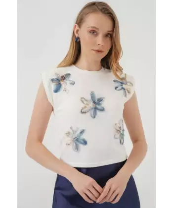 930 Kısa Kol Desenli Crop Bluz - Siyah
