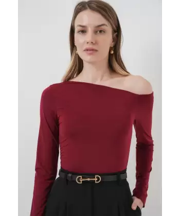 937 Kayık Yaka Sandy Bluz - Bordo
