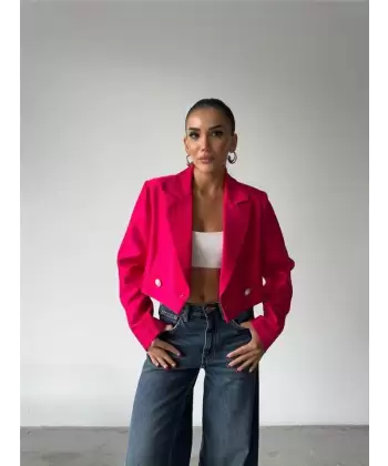 ARKASI İNCİ DÜĞME DETAYLI CROP CEKET - Fuşya