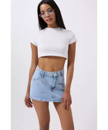 Asimetrik Bel Denim Mini Etek