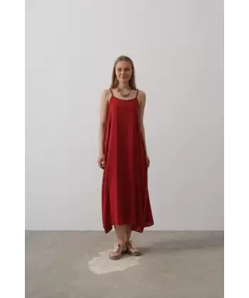 Askılı Uzun Çan Elbise - Bordo