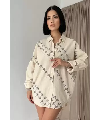 Bej Boyamalı Keten Baskılı Taşlı Gömlek