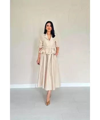 Lacivert İnce Kemerli Fırfırlı Ceket Ve Büzgülü Etek Takım