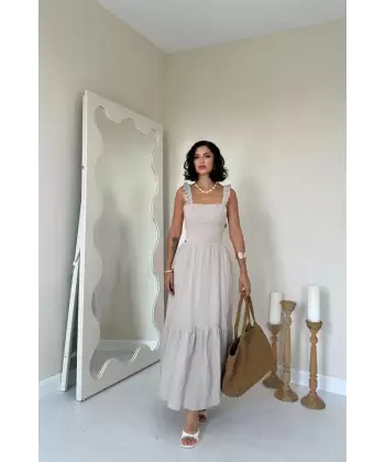 Bej Kolu Fırfırlı Bağlamalı Elbise