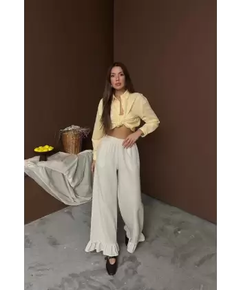 Siyah Paçası Fırfırlı Keten Pantolon