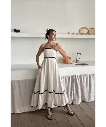 Bej Şerit Detay Keten Elbise