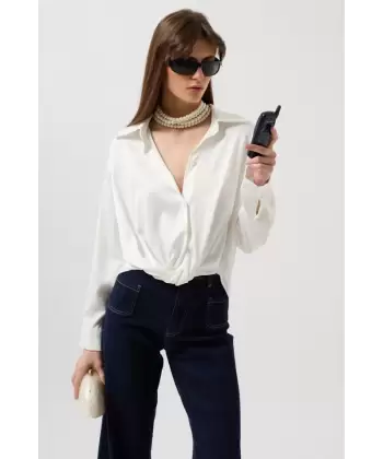 Bel Büzgülü Crop Saten Gömlek