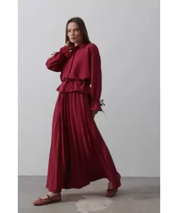 Bel Detaylı Bluz Pileli Etek - Bordo