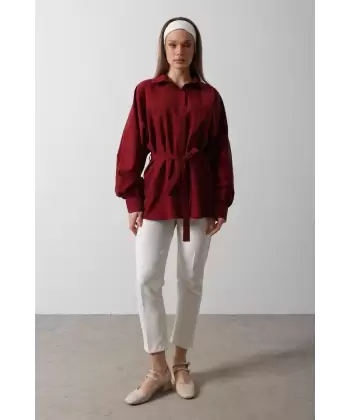 Bel Detaylı Gömlek - Bordo