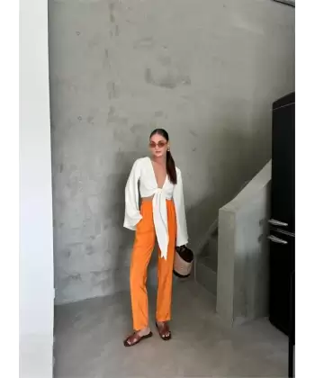 BEL LASTİK DETAYLI MODAL KUMAŞ PANTOLON - Orange