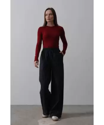 Beli Lastikli Bol Paça Pantolon - Lacivert-Beyaz