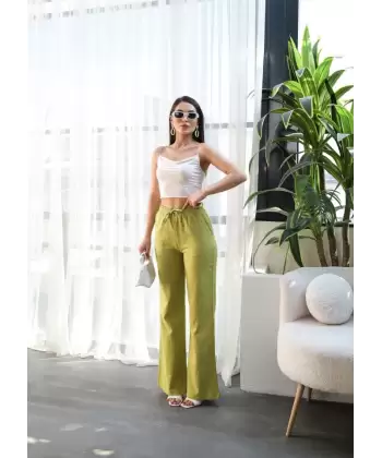 Beli̇ Lasti̇kli̇ Ve Bağcikli Keten Pantolon