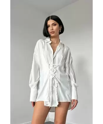 Beyaz Jesica Parçalı Bağcıklı Gömlek
