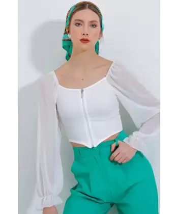 Siyah Şifon Önü Fermuarlı Bluz 0496