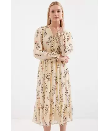 Bigdart 2137 Desenli Şifon Elbise - Krem
