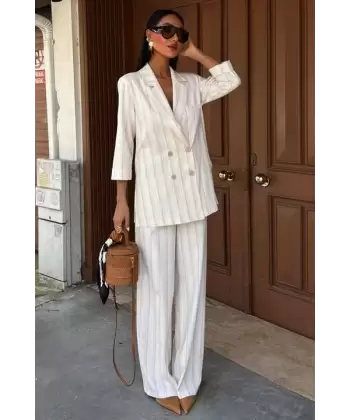 Blazer Ceketli Çizgili Keten Takım 10186