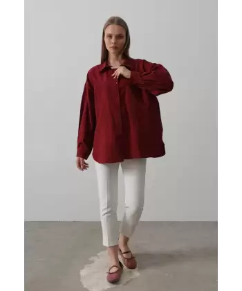 Boncuk Nakış Detaylı Uzun Gömlek - Bordo