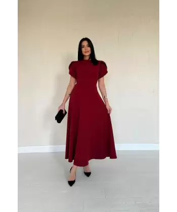 Bordo Arkası Fiyonk Garnili Britli Elbise