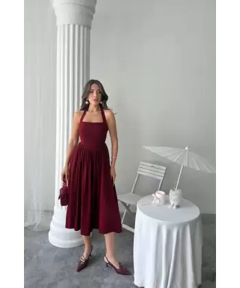 Bordo Boyundan Bağlamalı Keten Elbise