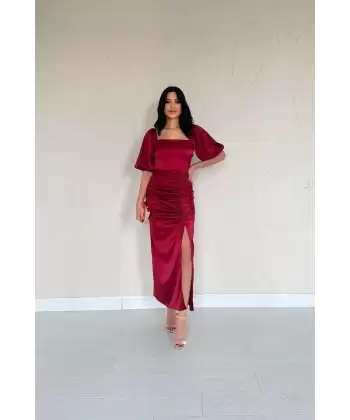 Bordo Büzgülü Saten Elbise