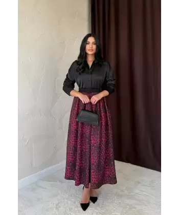 Bordo Leopar Büzgülü Uzun Etek