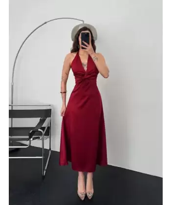Bordo Uzun Saten Elbise