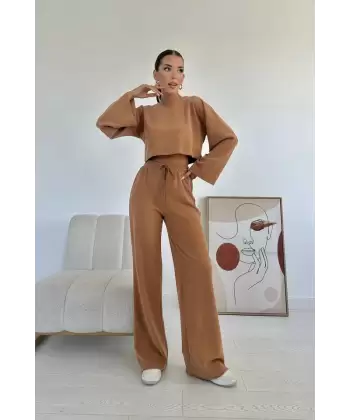 Camel Fitilli Bluz Ve Pantolon Takım