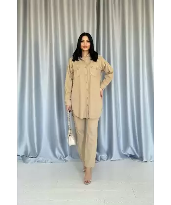 Camel Yıkamalı Gömlek Ve Pantolon Takım