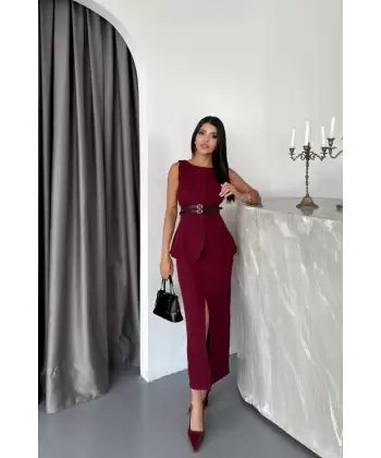 CEKET-ETEK GÖRÜNÜMLÜ ELBİSEÇİFT KEMER DETAYLI - Bordo