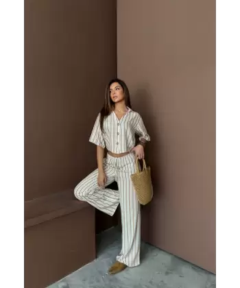 ÇİZGİLİ CROP GÖMLEK - SALAŞ PANTOLON TAKIM MODAL - Mavi