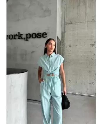 ÇİZGİLİ KETEN KOLSUZ CROP PANTOLON TAKIM - Yeşil