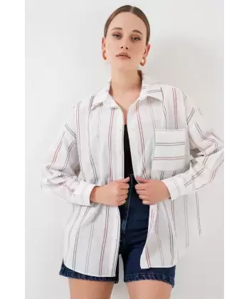 Çizgili Oversize Gömlek 20278 - B.Beyaz