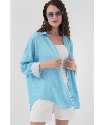 Çizgili Oversize Gömlek 20295 - Siyah