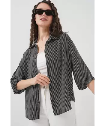 Çizgili Oversize Kısa Kol Gömlek 20296 - Mint