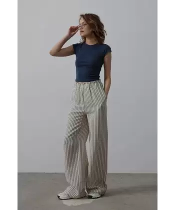 Çizgili Pamuklu Lastikli Pantolon - Bej-Lacivert