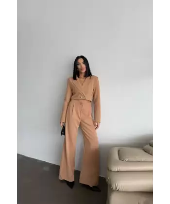 CROP CEKET - PANTOLON TAKIM GOLD DÜĞME DETAYLI - Kahverengi