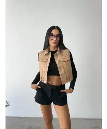 DERİ CROP YELEK - Siyah