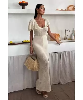 Derin Yakalı Ve File Detaylı Triko Elbise 2867