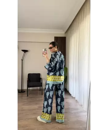 Desenli Saten Bol Takım - İndigo
