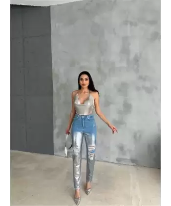 DİZ YIRTIK VARAKLI MOM KOT PANTOLON - Gümüş
