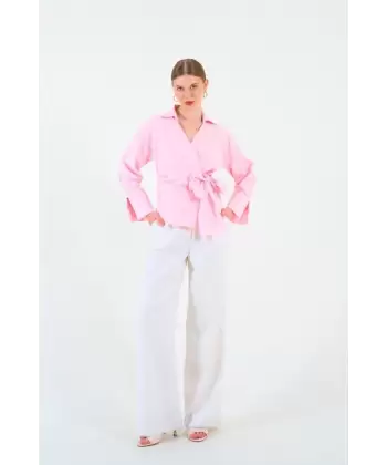 Düz Yandan Bağlamalı Gömlek - Pembe