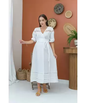 Ekru Dantel Detay Keten Elbise
