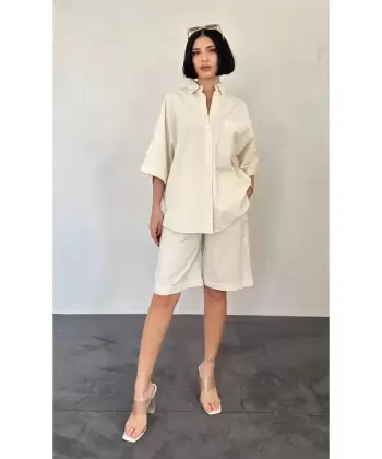 Bej Kısa Kollu Keten Gömlek Ve Şort Takım
