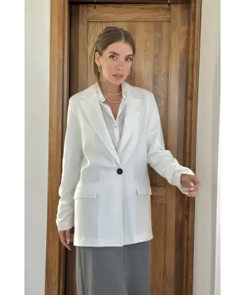 Ekru Kol Ucu Büzgülü Atlas Ceket